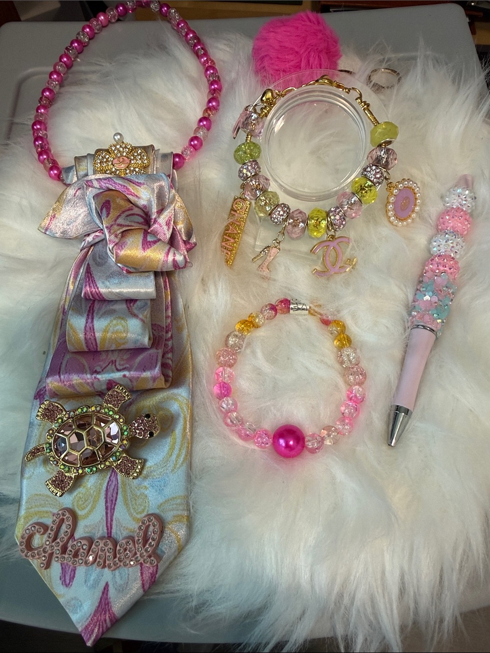 Junk Tie with Pink Beaded Charm Bracelet Set